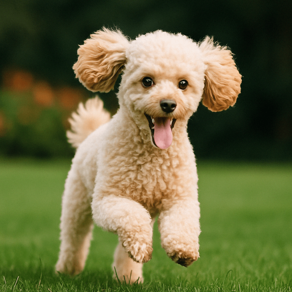 Happy poodle dog running on green grass outdoors, playful pet with curly fur