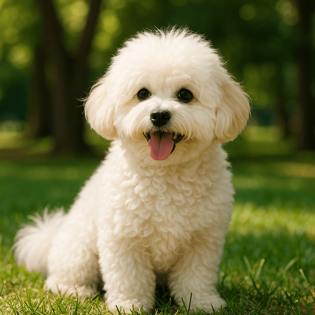 Small fluffy white dog sitting on green grass in a sunny park