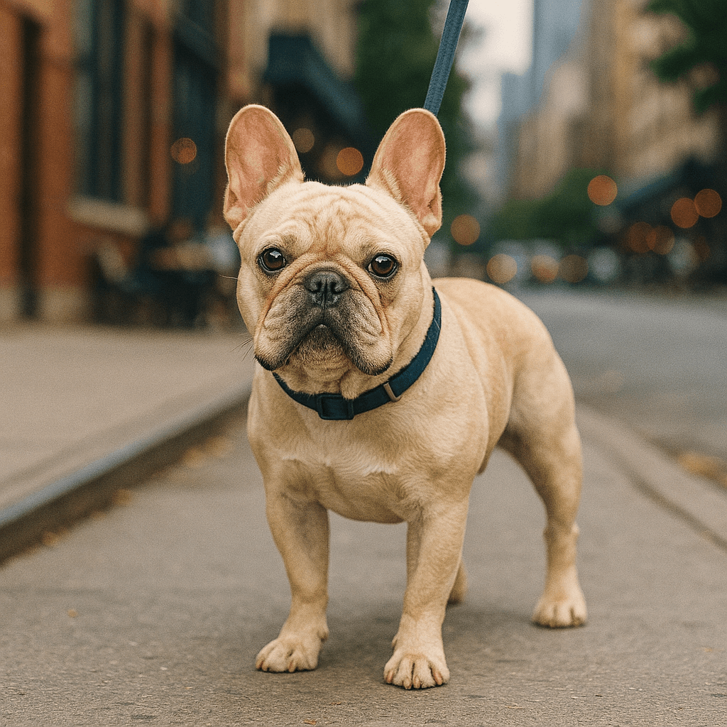 French Bulldog wearing a collar on a city sidewalk, looking at the camera