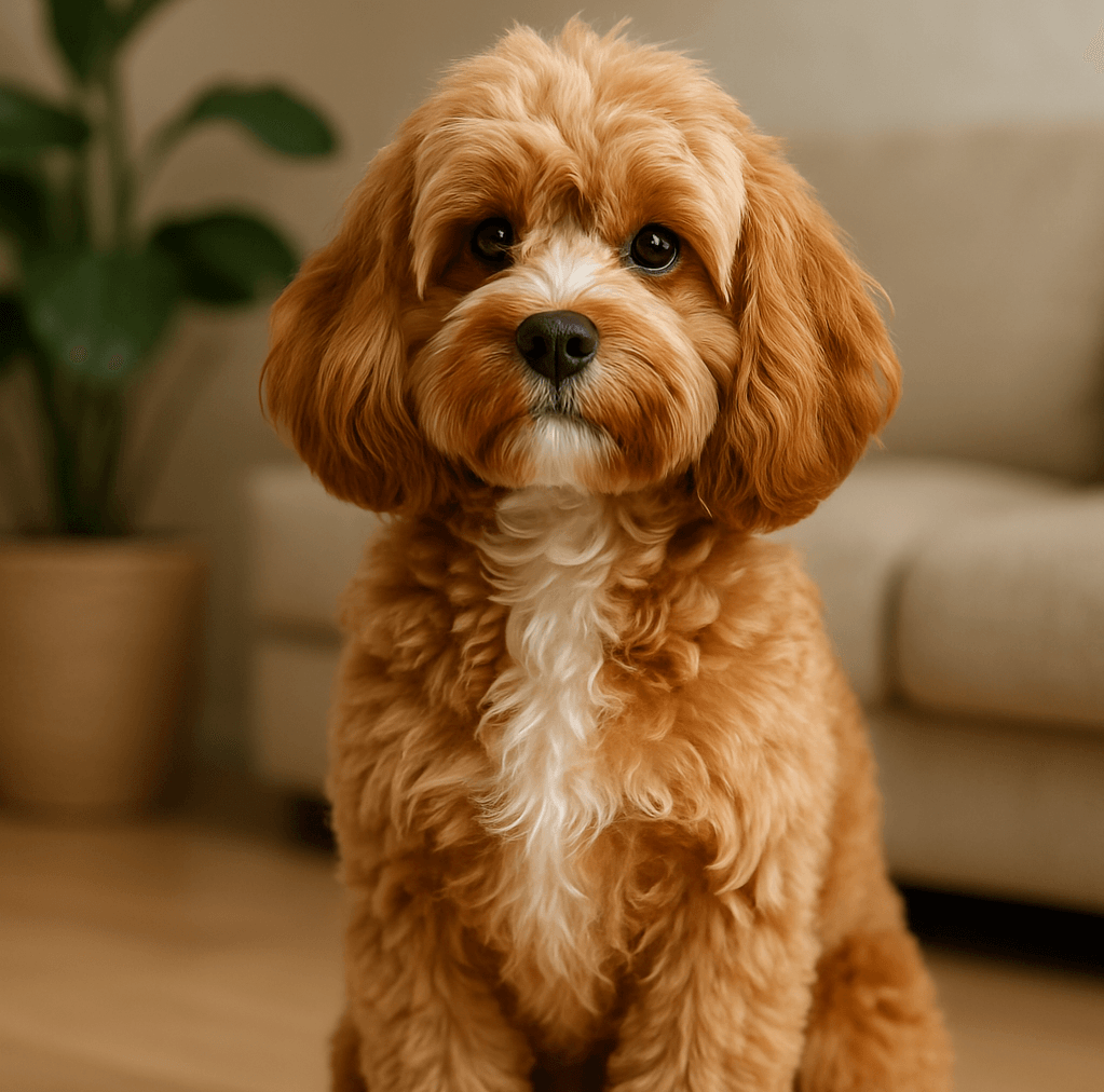 Cute brown dog with curly fur sitting indoors near a sofa and houseplant