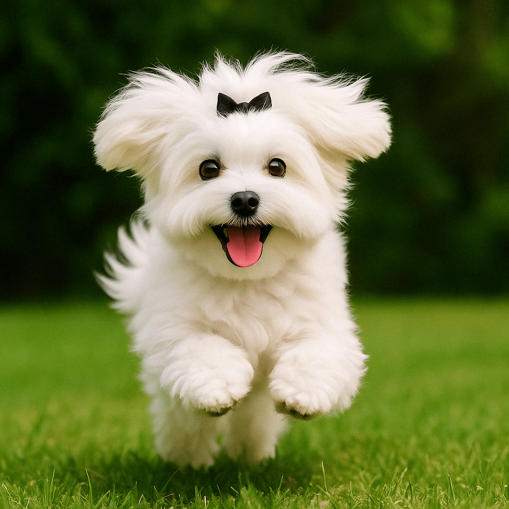 Happy Maltese dog with a black bow running on green grass outdoors