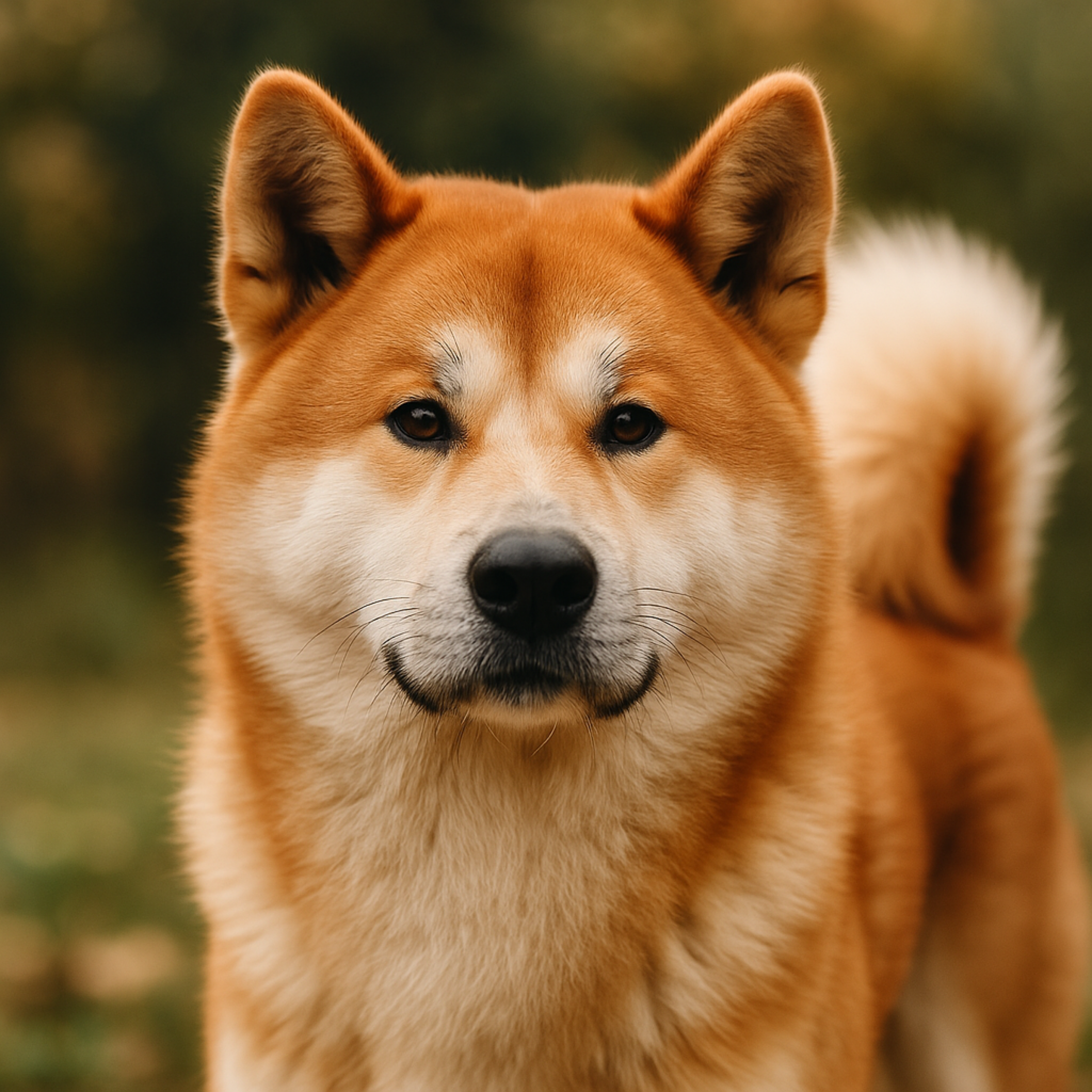 Japanese Akita dog outdoors in natural setting, fluffy coat, alert expression
