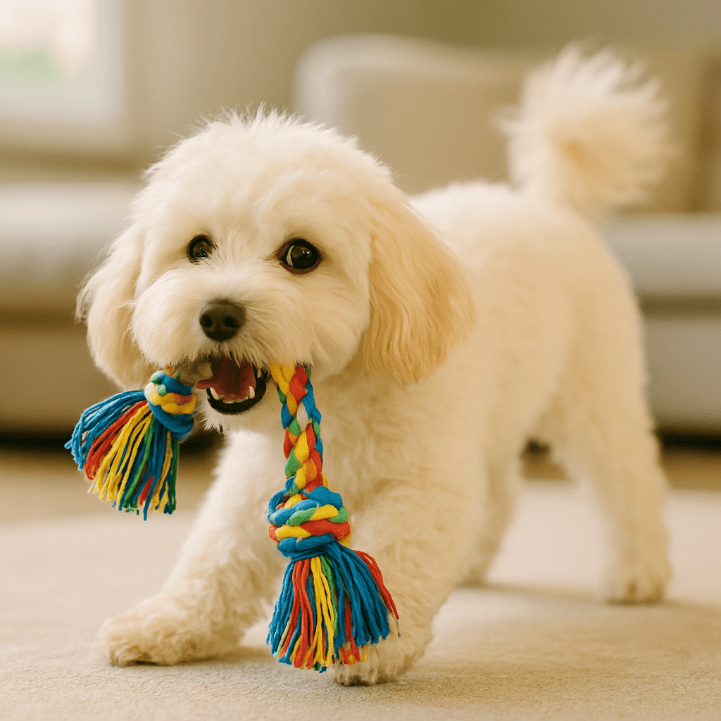 Maltipoo bawi się kolorową zabawką