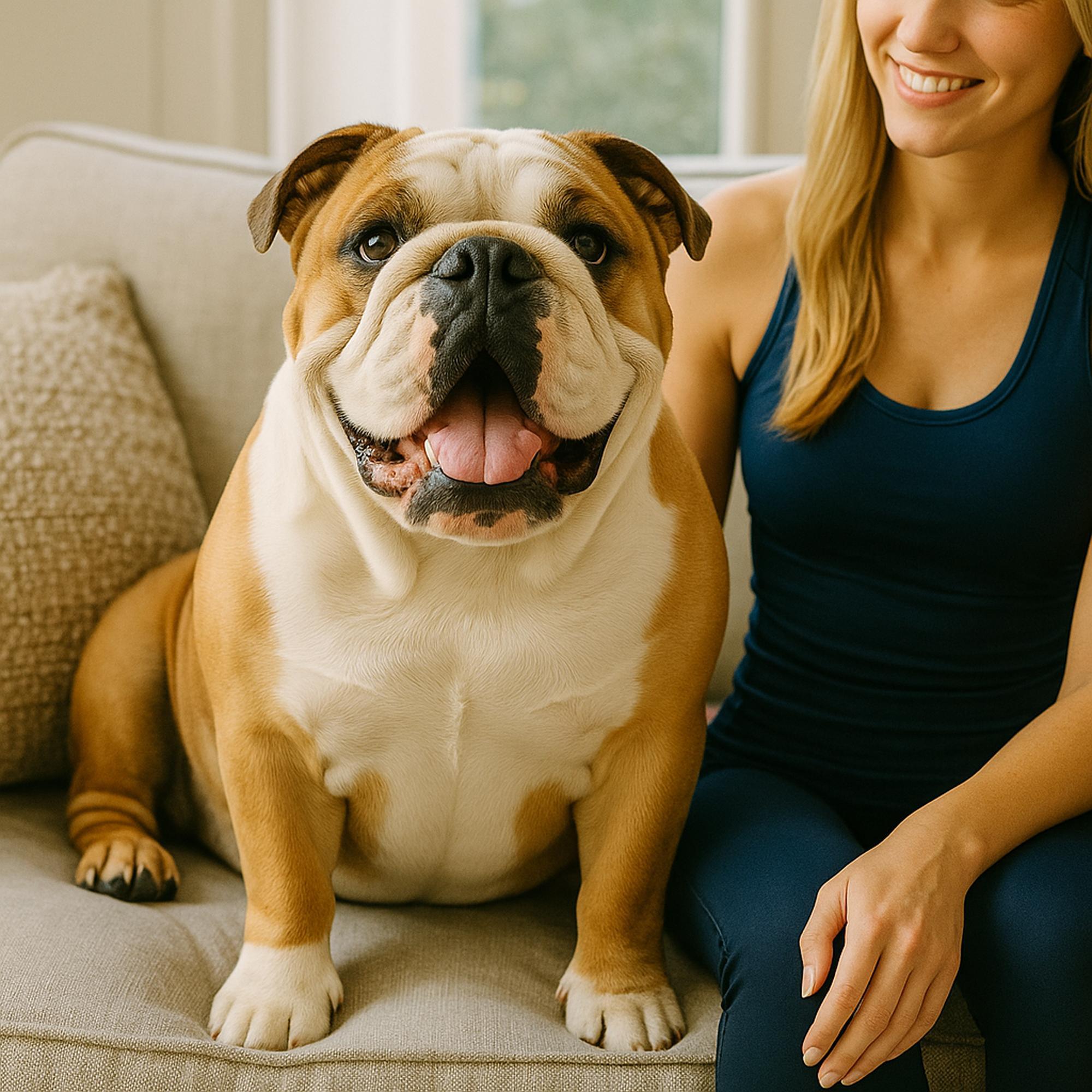 English bulldog sitting on a sofa next to a smiling woman in a cozy home setting