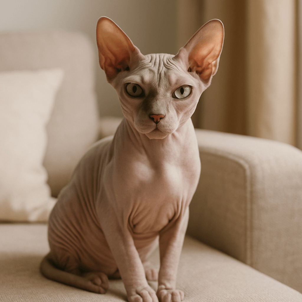 Sphynx cat sitting on a beige sofa in a cozy living room, indoor pet photo