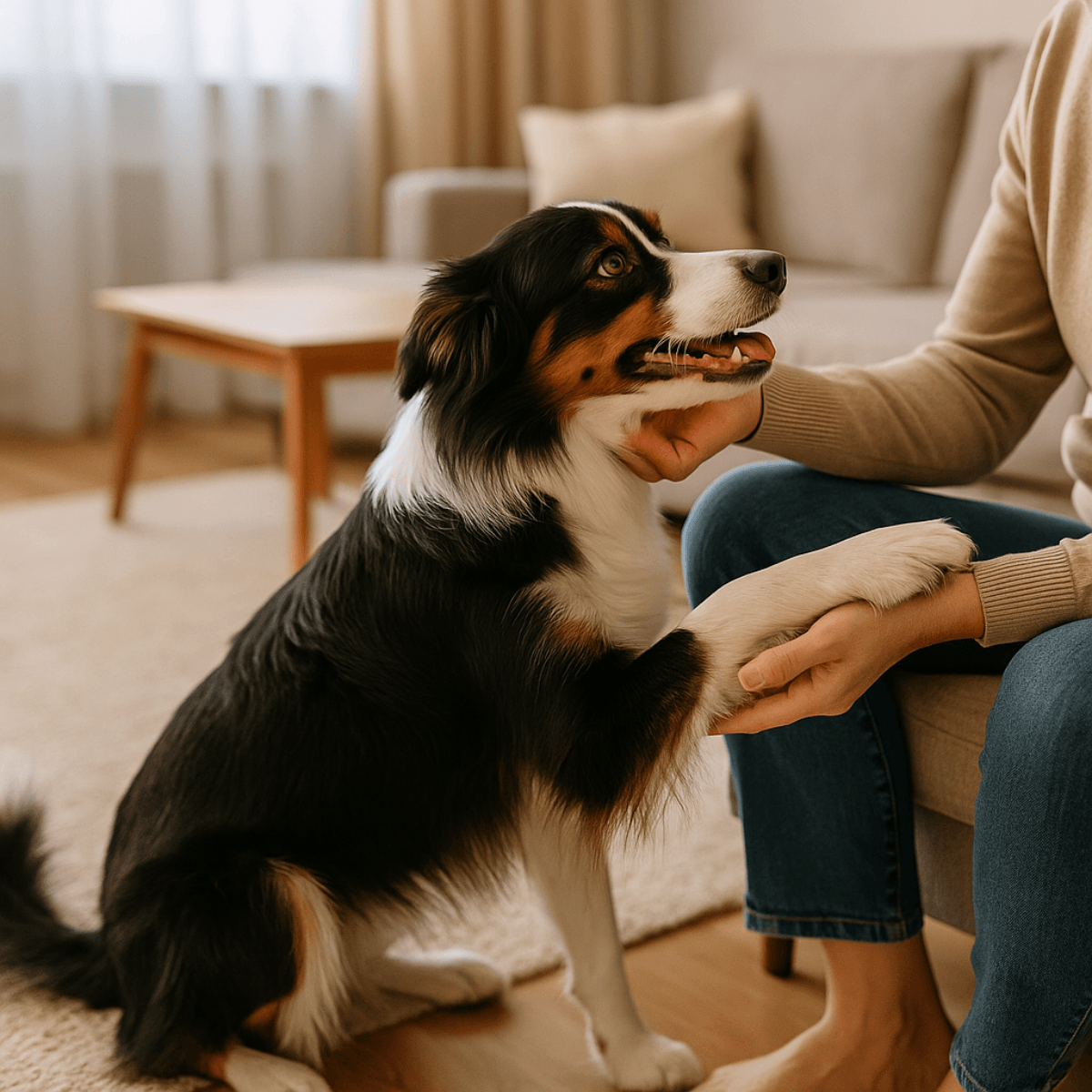 Person bonding with a happy dog in cozy living room setting, premium pet lifestyle