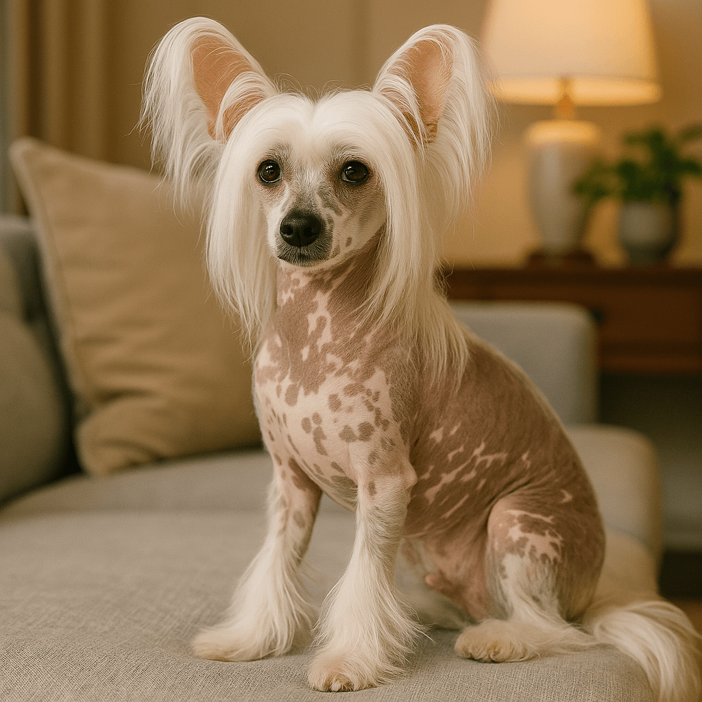 Chinese Crested hairless dog sitting on a sofa in a cozy living room