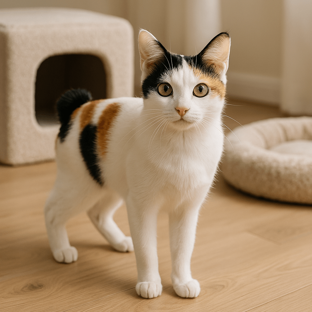 Calico Japanese Bobtail cat standing on wood floor near cat bed and cat furniture