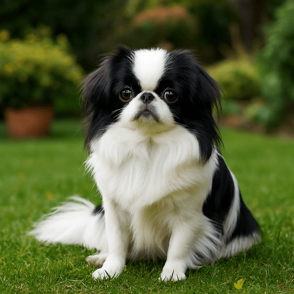Small Japanese Chin dog with long black and white fur sitting on green grass outdoors