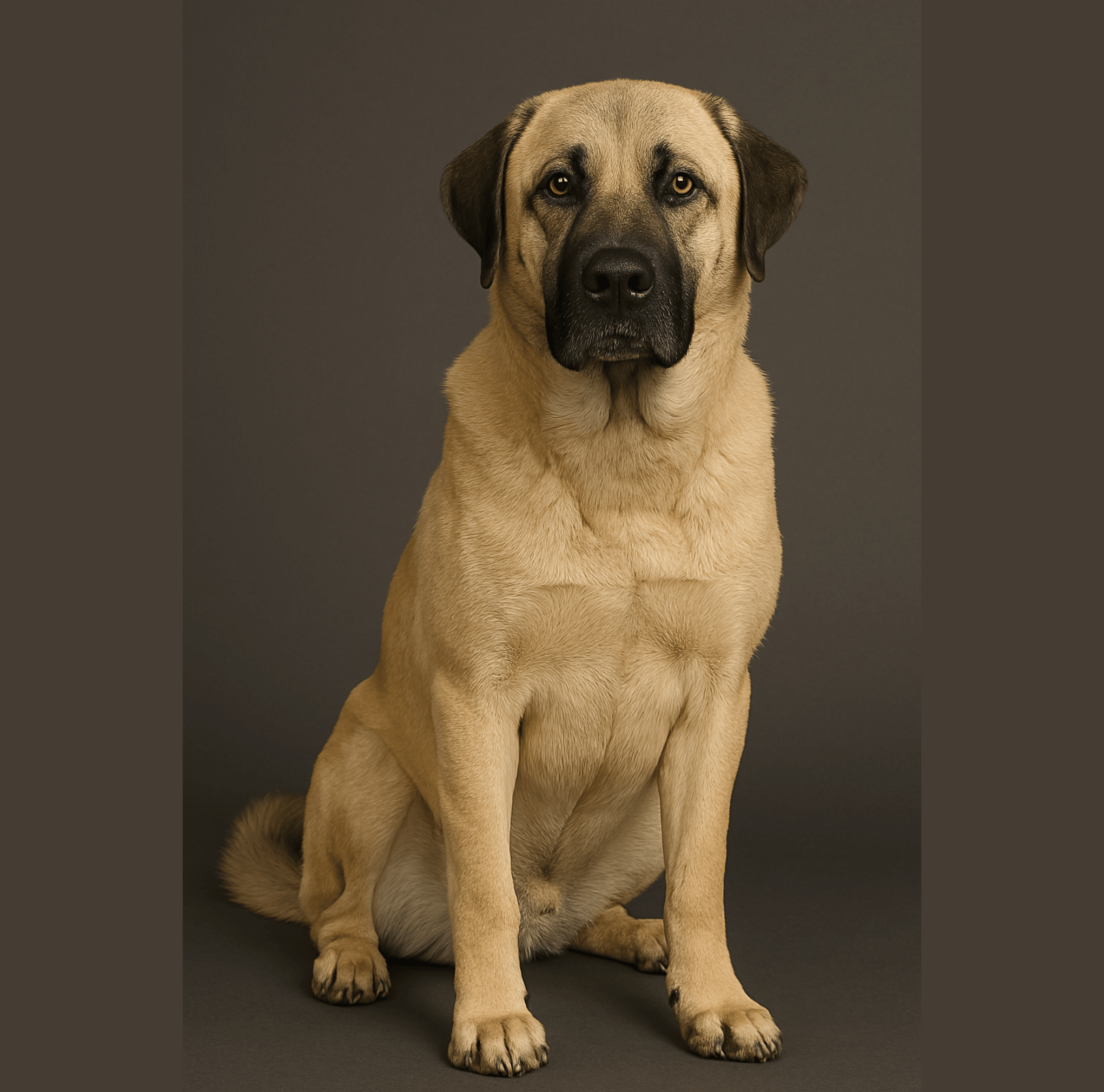 Large Anatolian Shepherd dog with tan coat and black mask sitting on dark background
