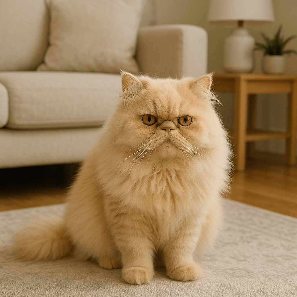 Cream Persian cat sitting on a rug in a cozy living room with beige sofa and decor.