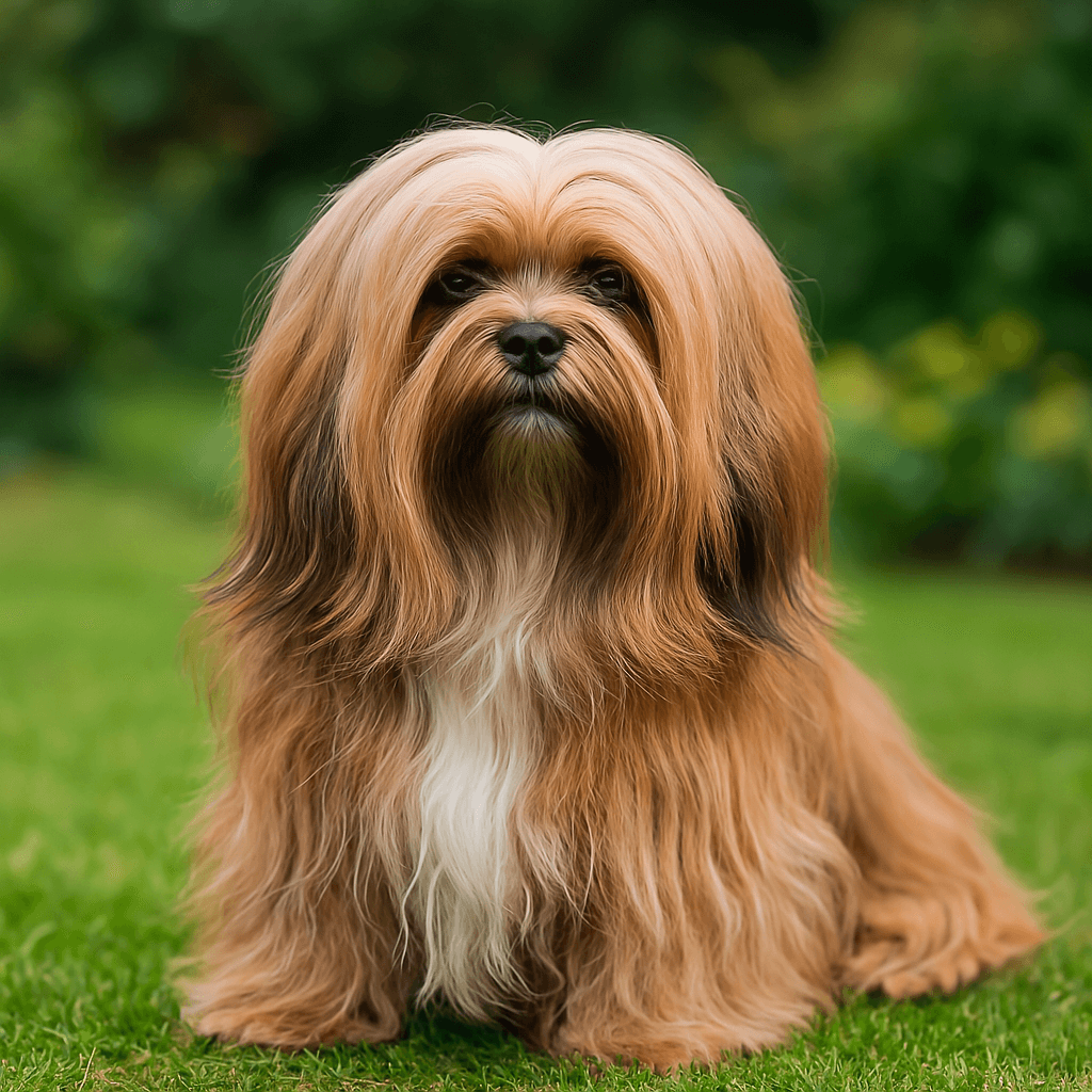 Lhasa Apso dog with long, silky brown and white coat sitting on green grass outdoors