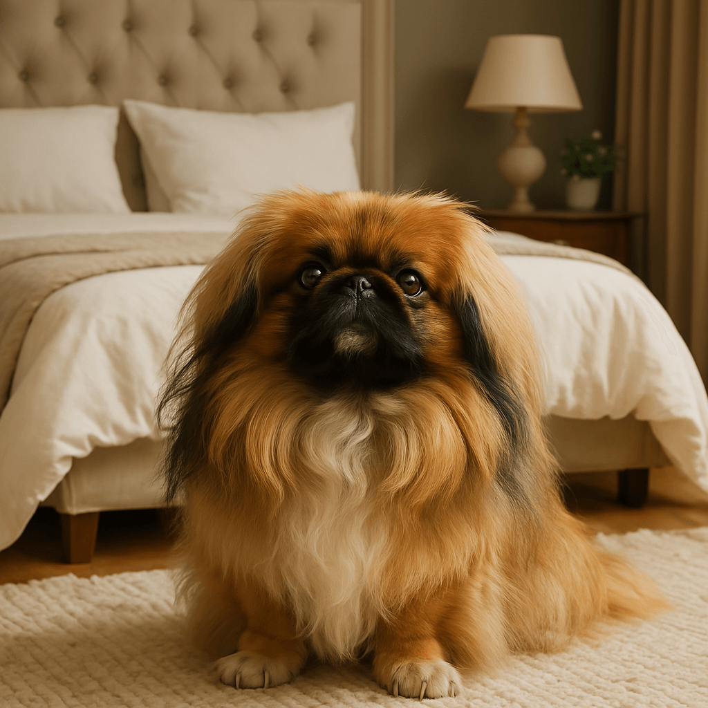 Fluffy Pekingese dog sitting on a cozy rug in a stylish bedroom with neutral decor