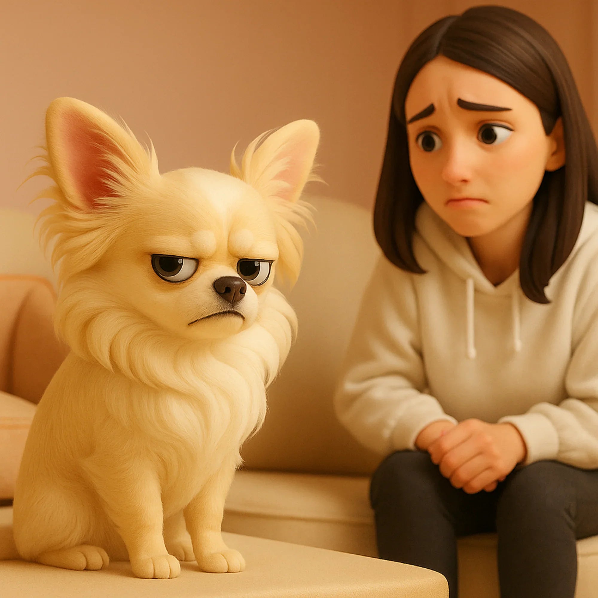 Animated beige dog with expressive face sitting on sofa, woman in hoodie beside, cozy home scene