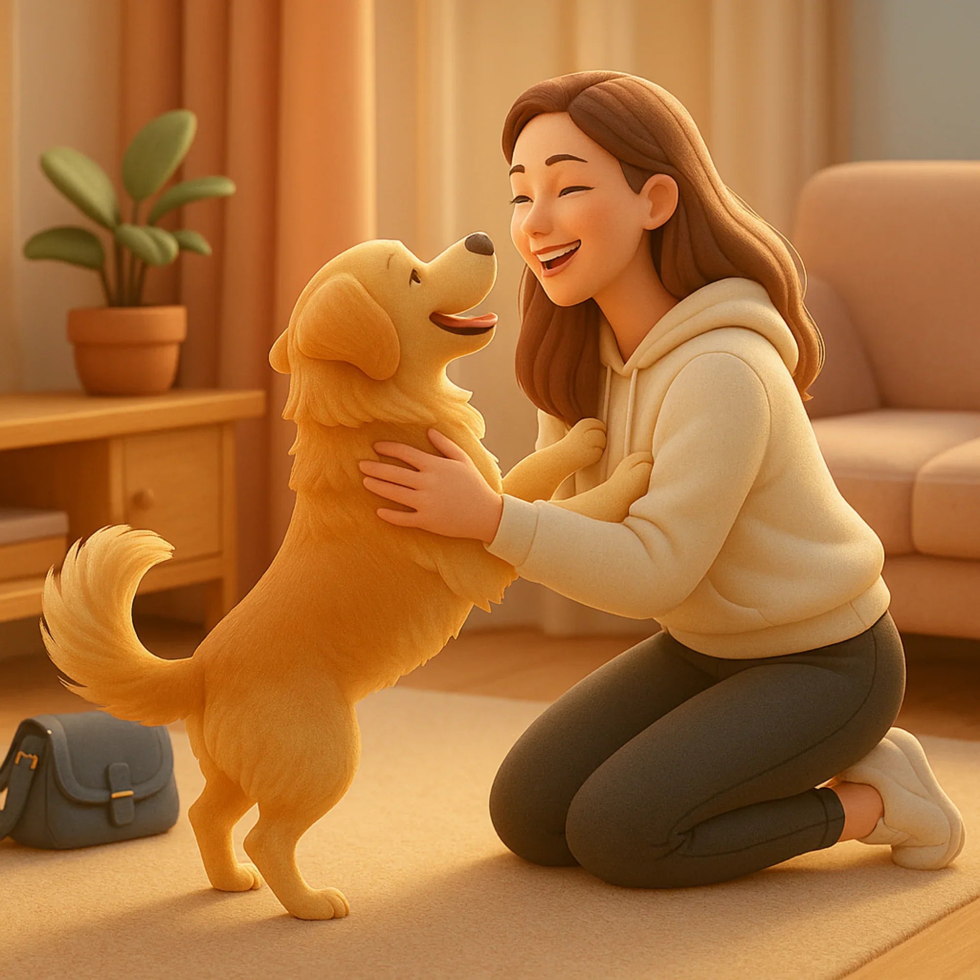 Smiling woman kneeling and hugging happy golden dog in cozy living room