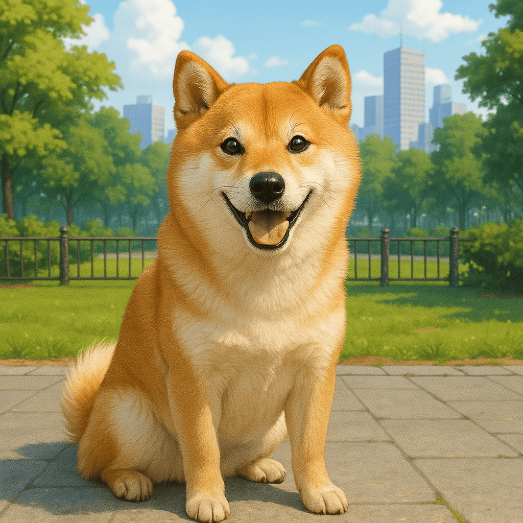Shiba Inu dog sitting in a city park with green trees and buildings in the background