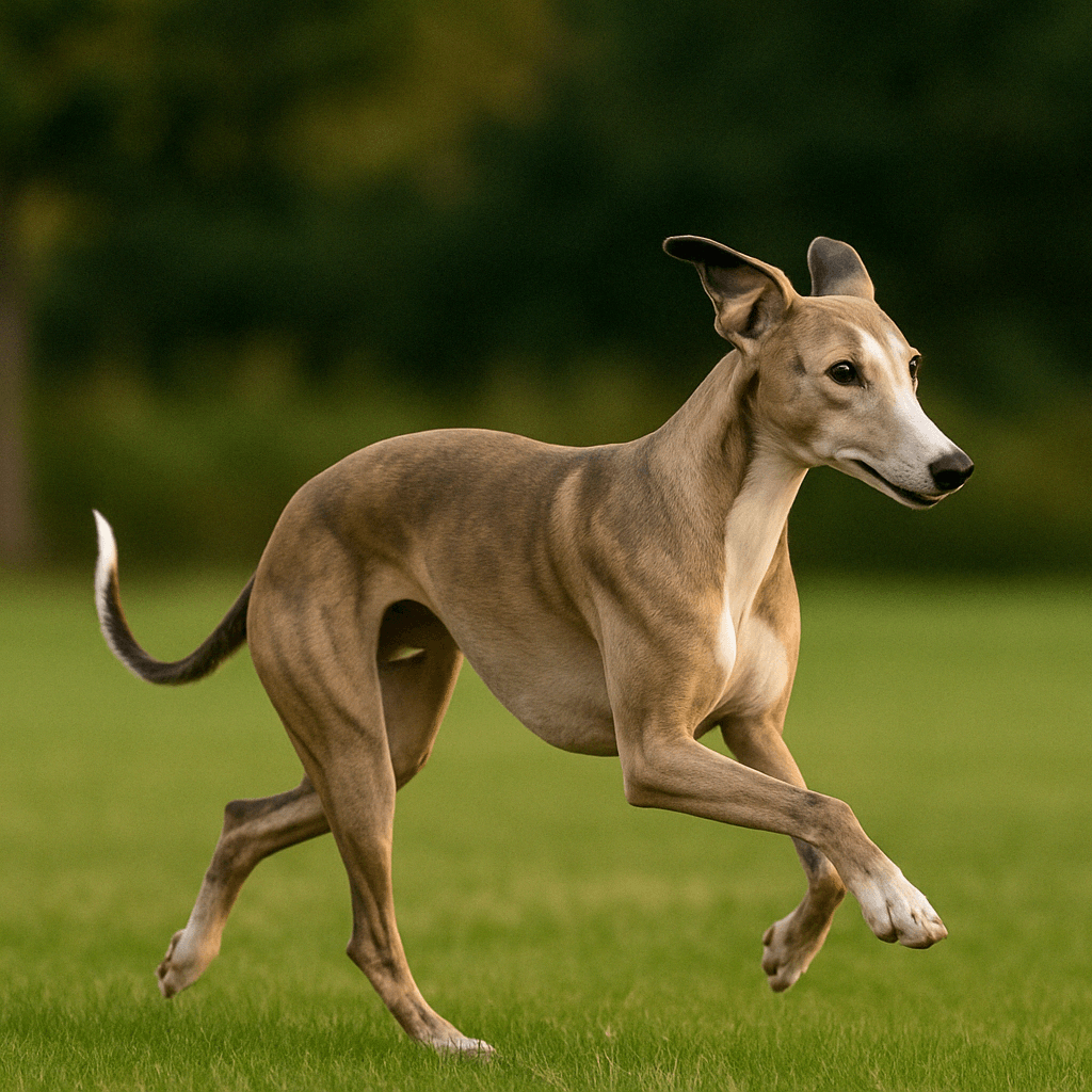 Whippet dog running on green grass outdoors, slim athletic dog breed in motion