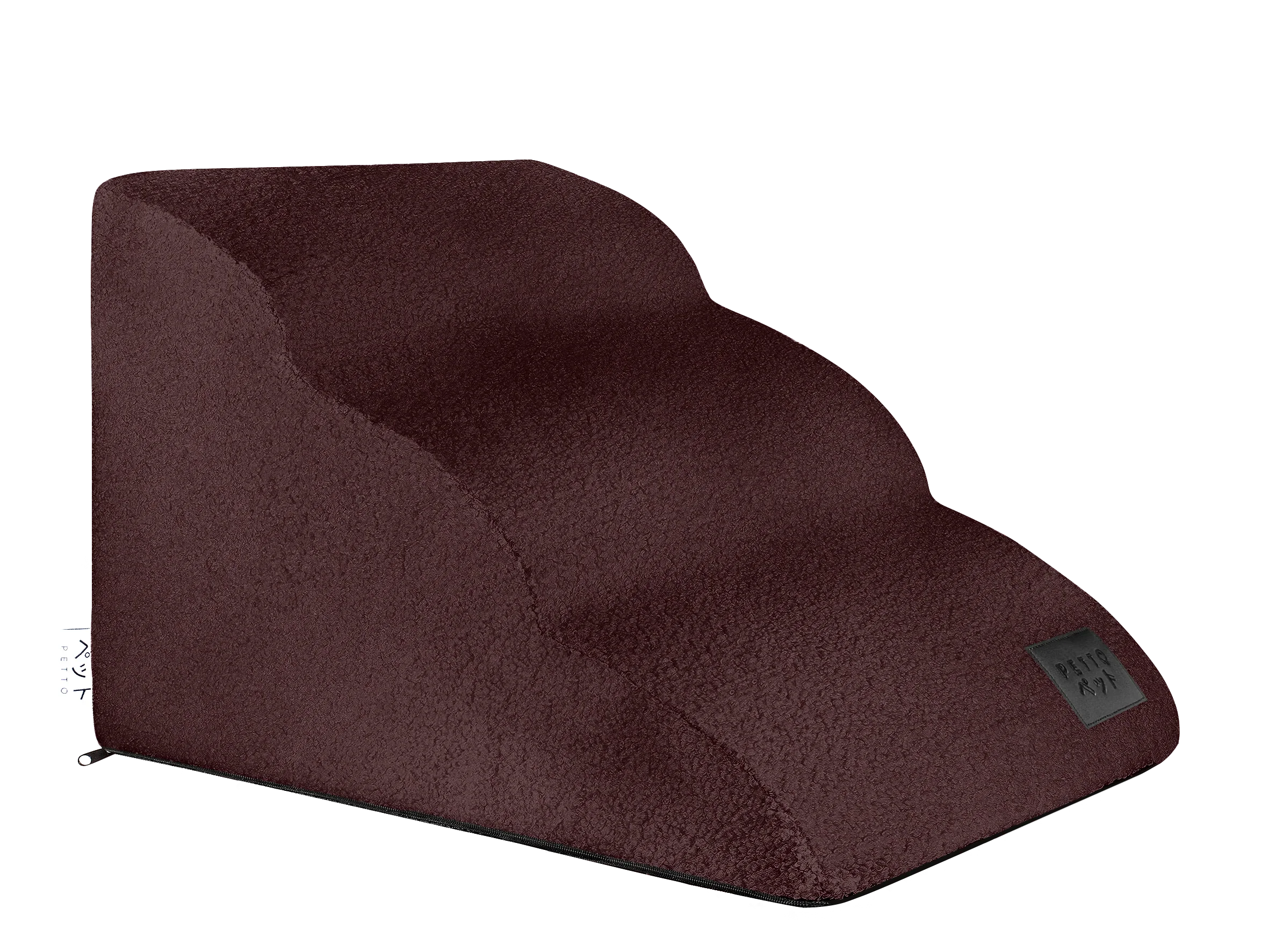 Brown three-step pet stairs with a wavy design and soft textured fabric cover.