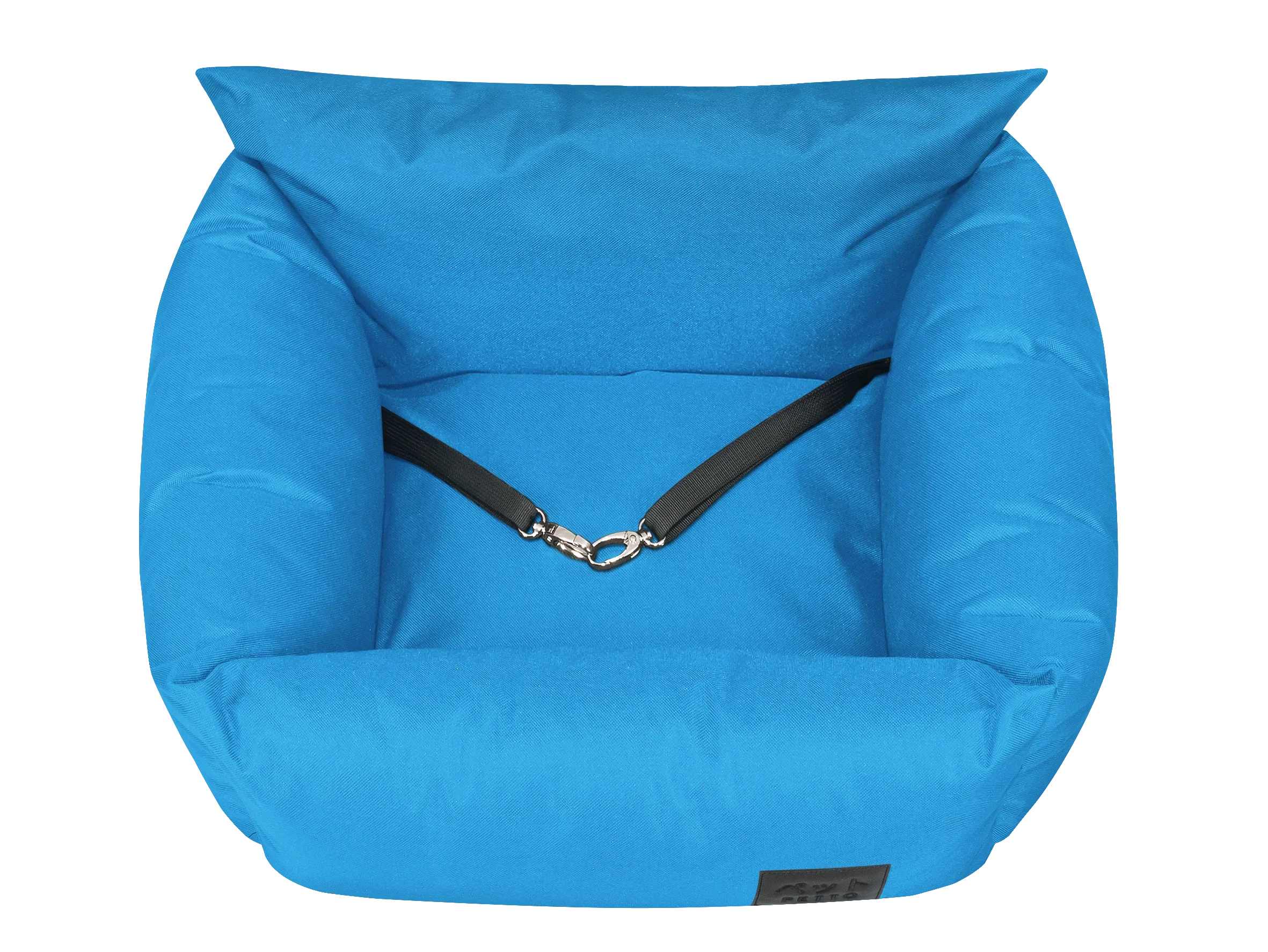 Blue pet car seat with safety strap, soft padded sides for dog or cat comfort